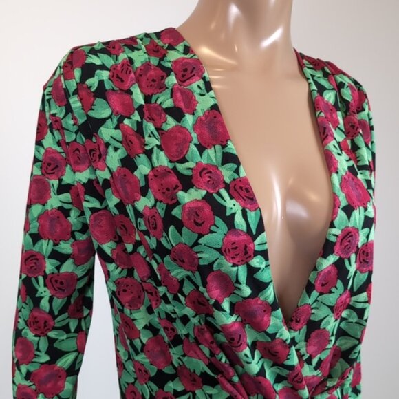 Zara Floral Vneck Bodysuit Top Long Sleeve Plunging Wrap Rose Print Size Medium - Picture 5 of 12